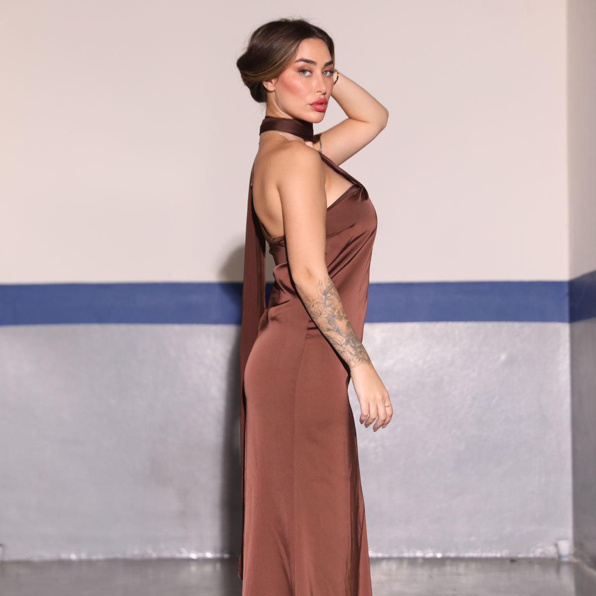 Brown Satin Scarf Dress