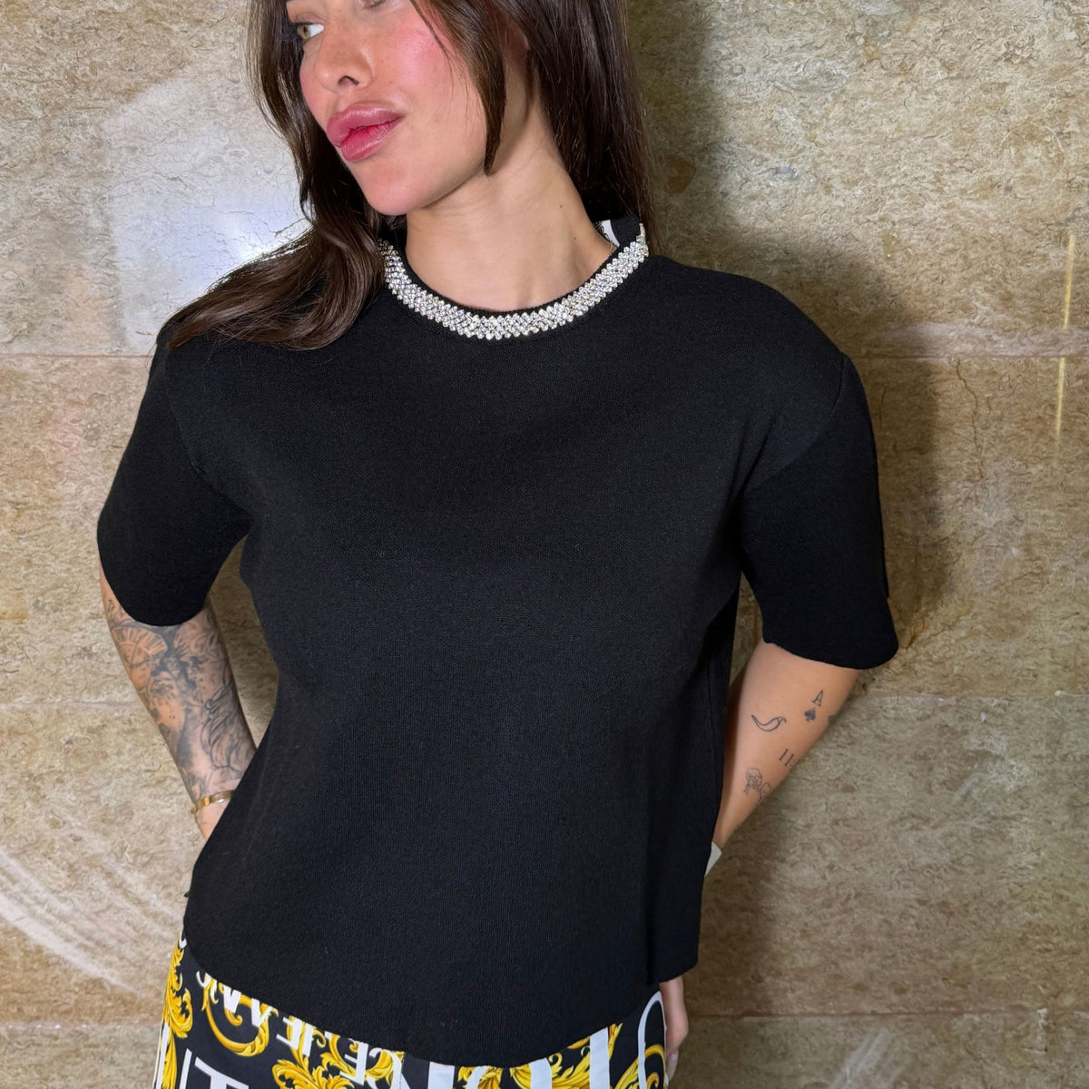Crystal Neckline Knit Top