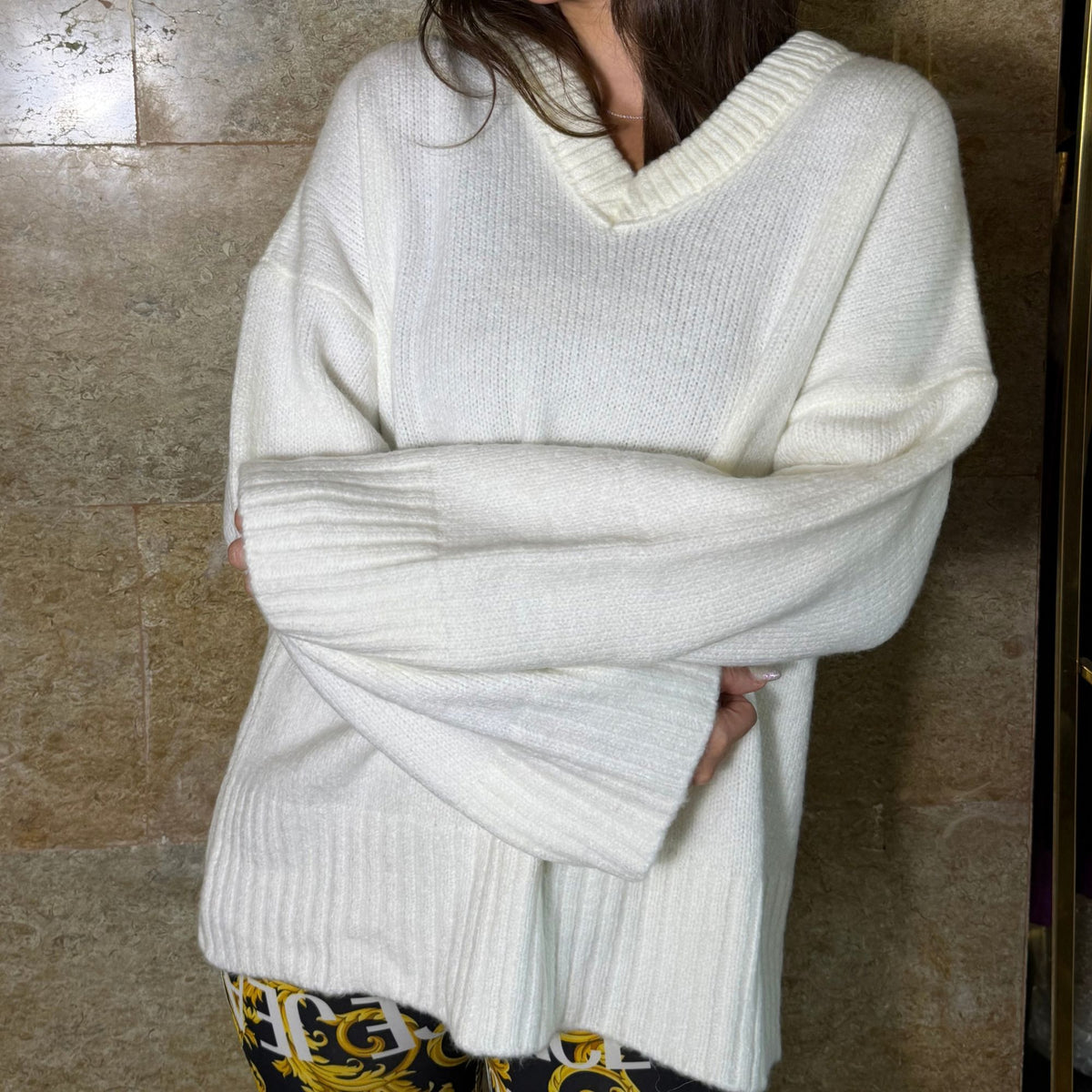 Ivory Oversized V-Neck Sweater