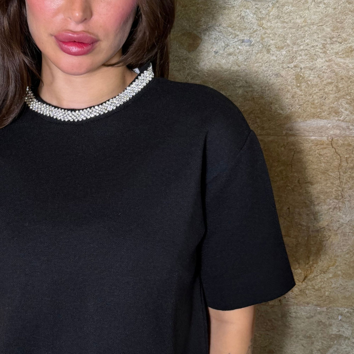 Crystal Neckline Knit Top