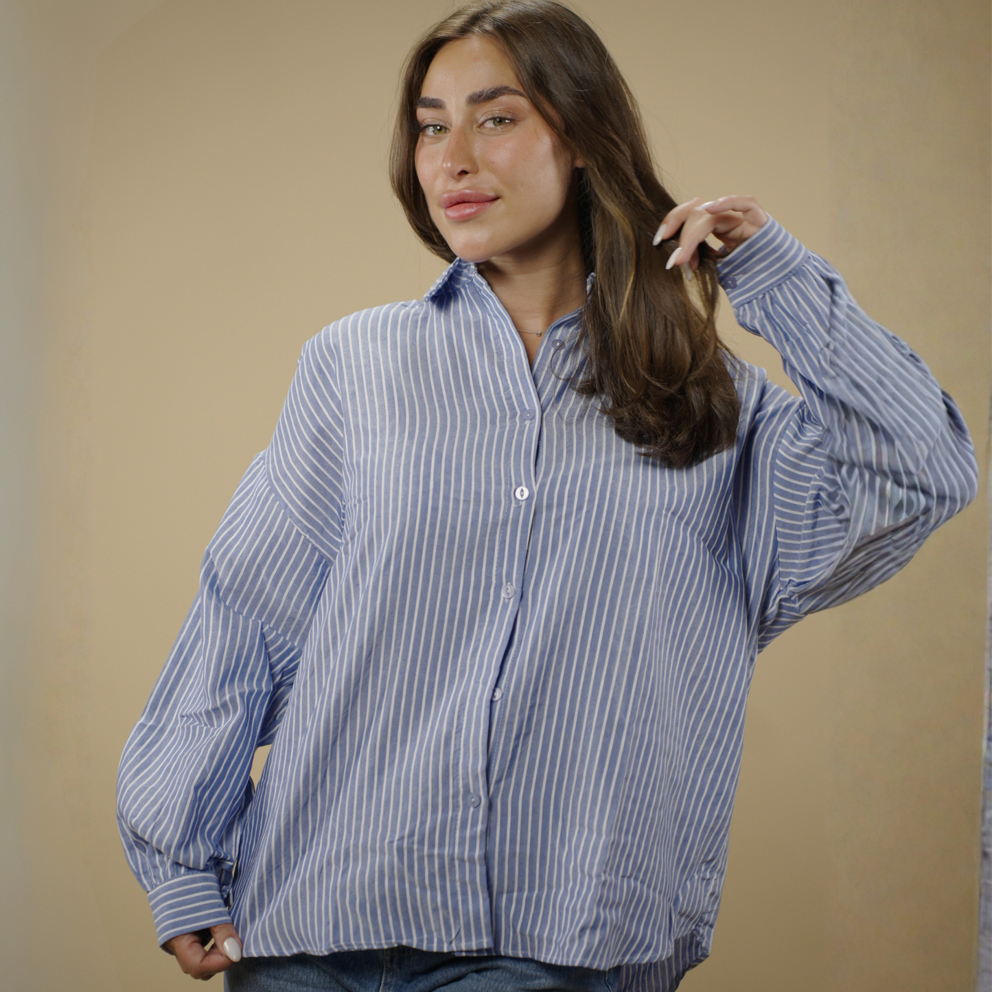 Navy Striped Button Up Top