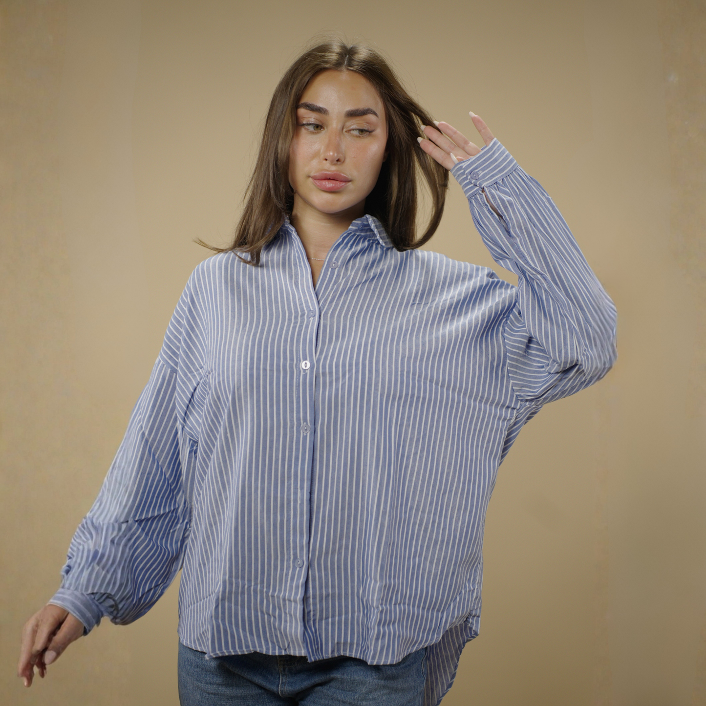 Navy Striped Button Up Top